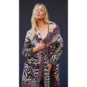 By Anthropologie Paloma Fringe Cardigan Animal Print Duster Belted Womens Small